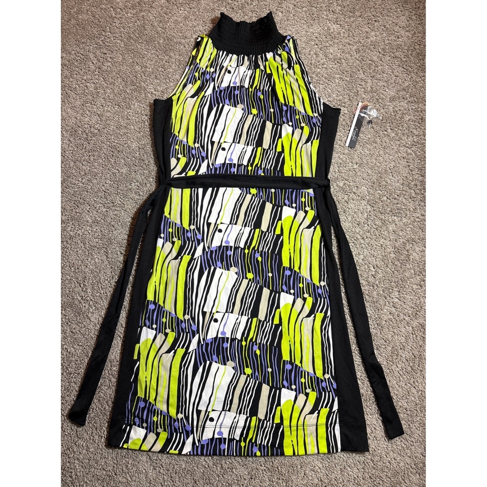 Essentials by Milano Womens Abstract Geometric Smocked Neck Tie Waist Dress S